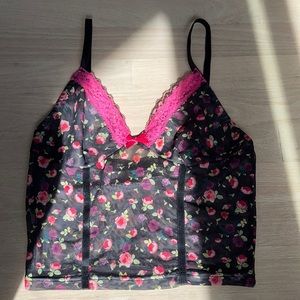 Black floral mini tank, pink lace detailing and bow